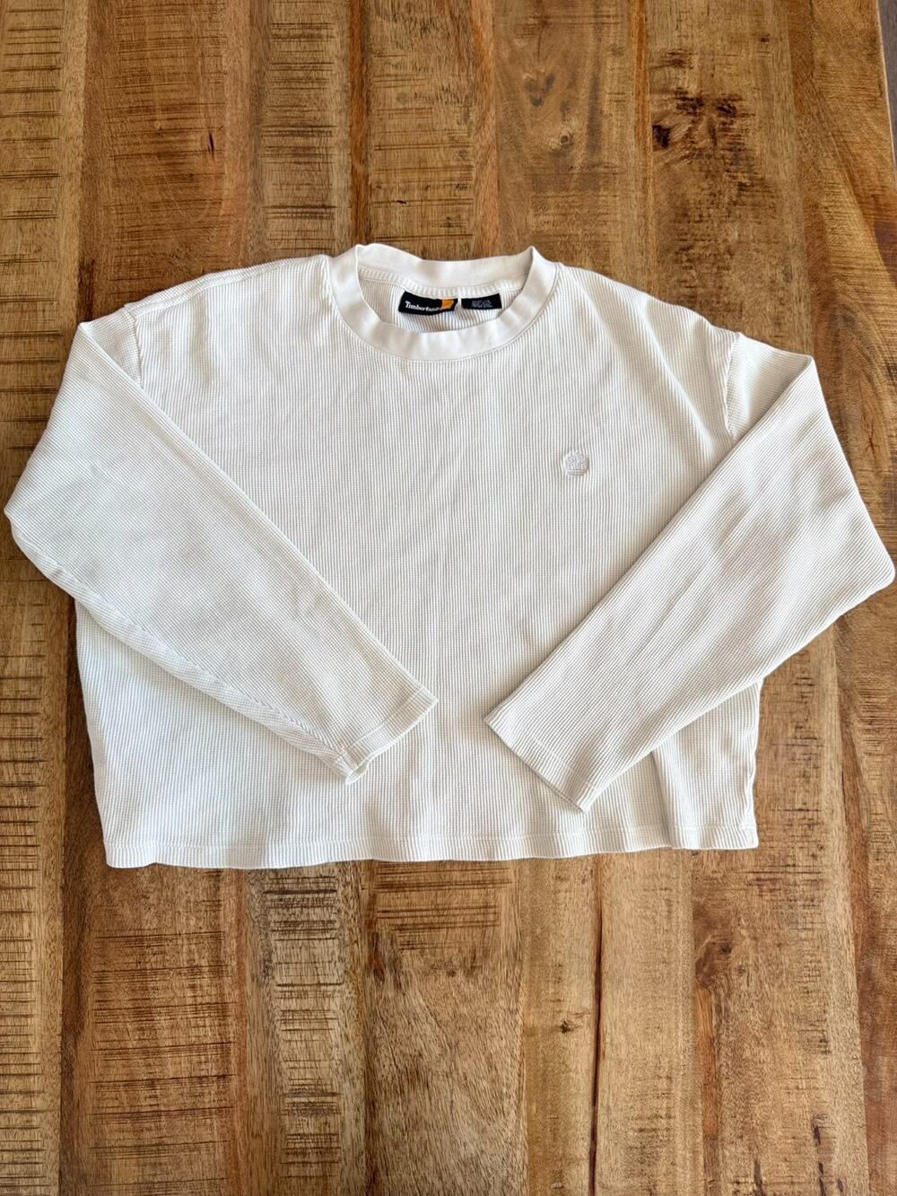 Timberland Women's Size L Off-White Waffle Knit Thermal Long Sleeve Cropped Top